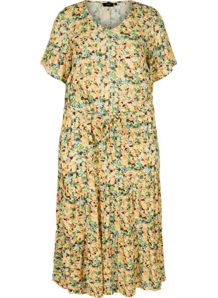Midi-jurk met korte mouwen in viscose, Yellow Summer AOP, Packshot image number 0