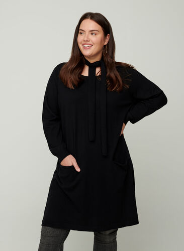 Gebreide jurk met lange mouwen en zakken, Black, Model image number 0