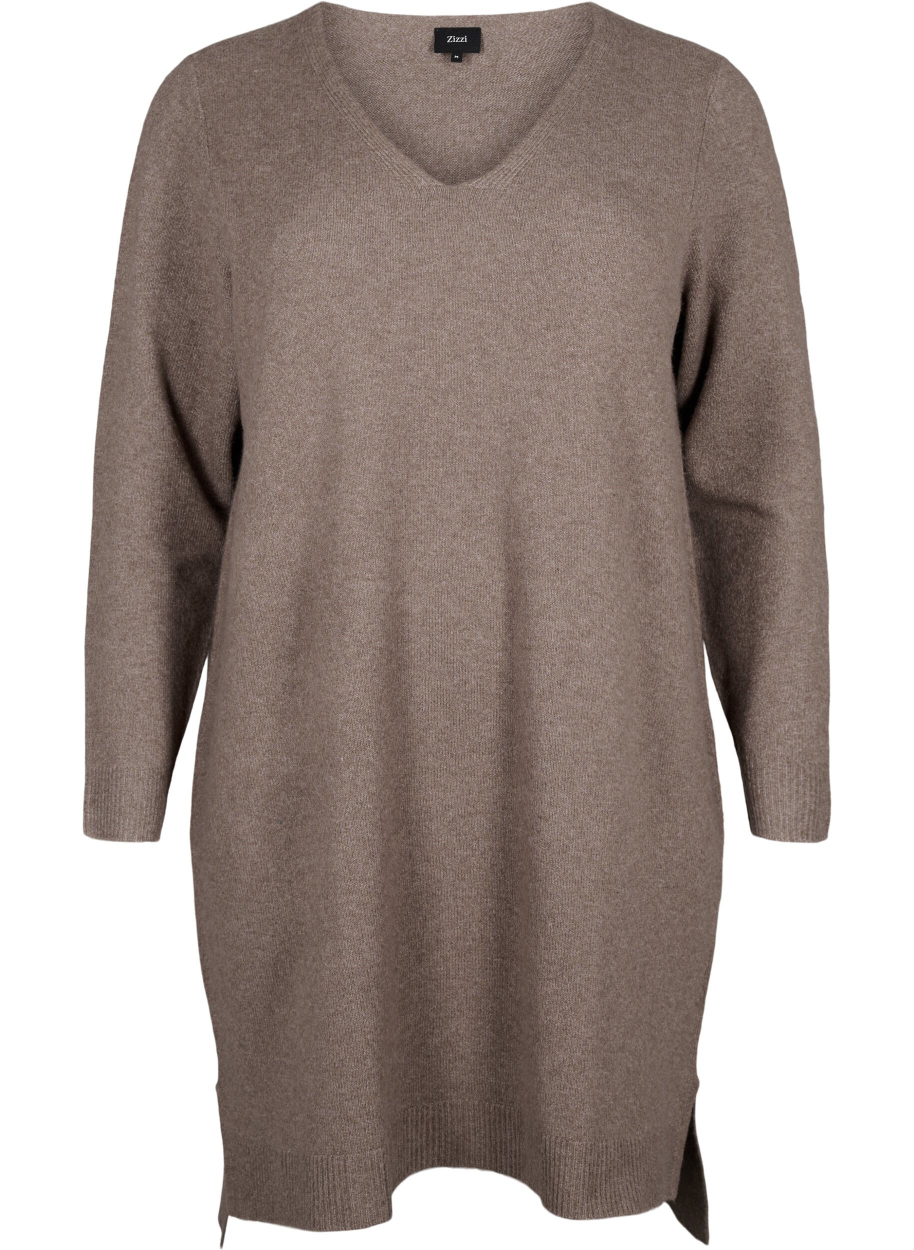 Zizzi Gebreide jurk met split, Walnut/White, Packshot image number 0