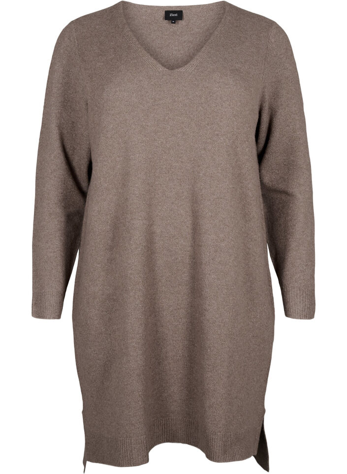 Gebreide jurk met split, Walnut/White, Packshot image number 0