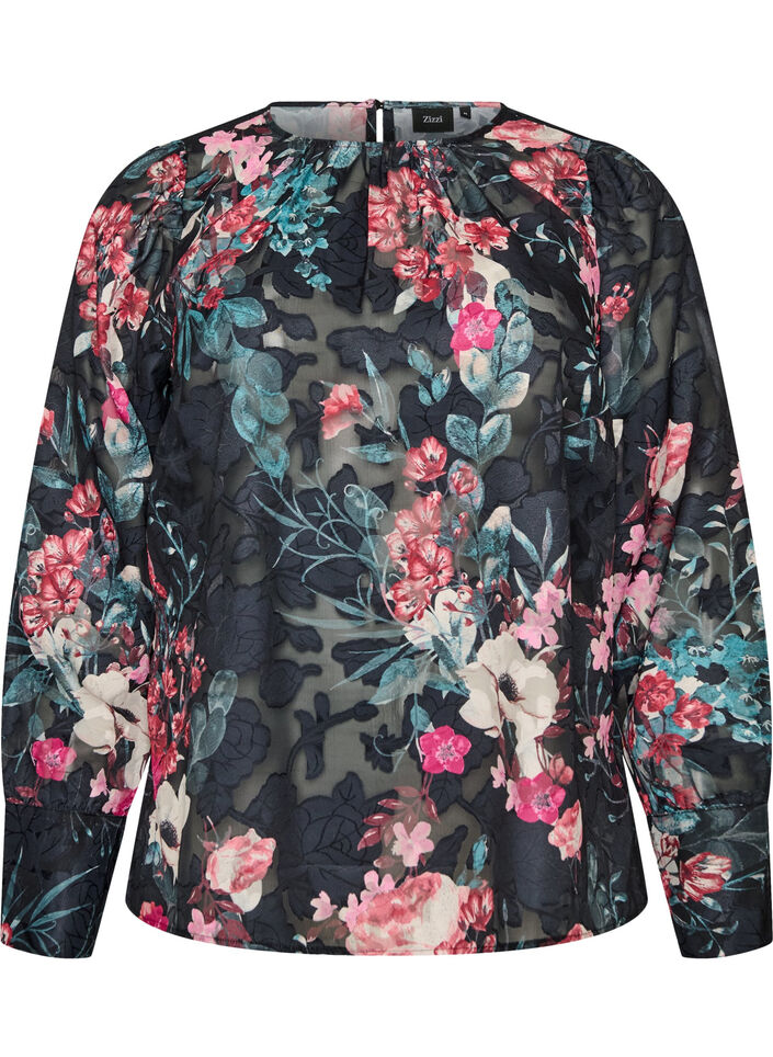 Blouse met bloemenprint en geweven textuur, Zwart, Packshot image number 0