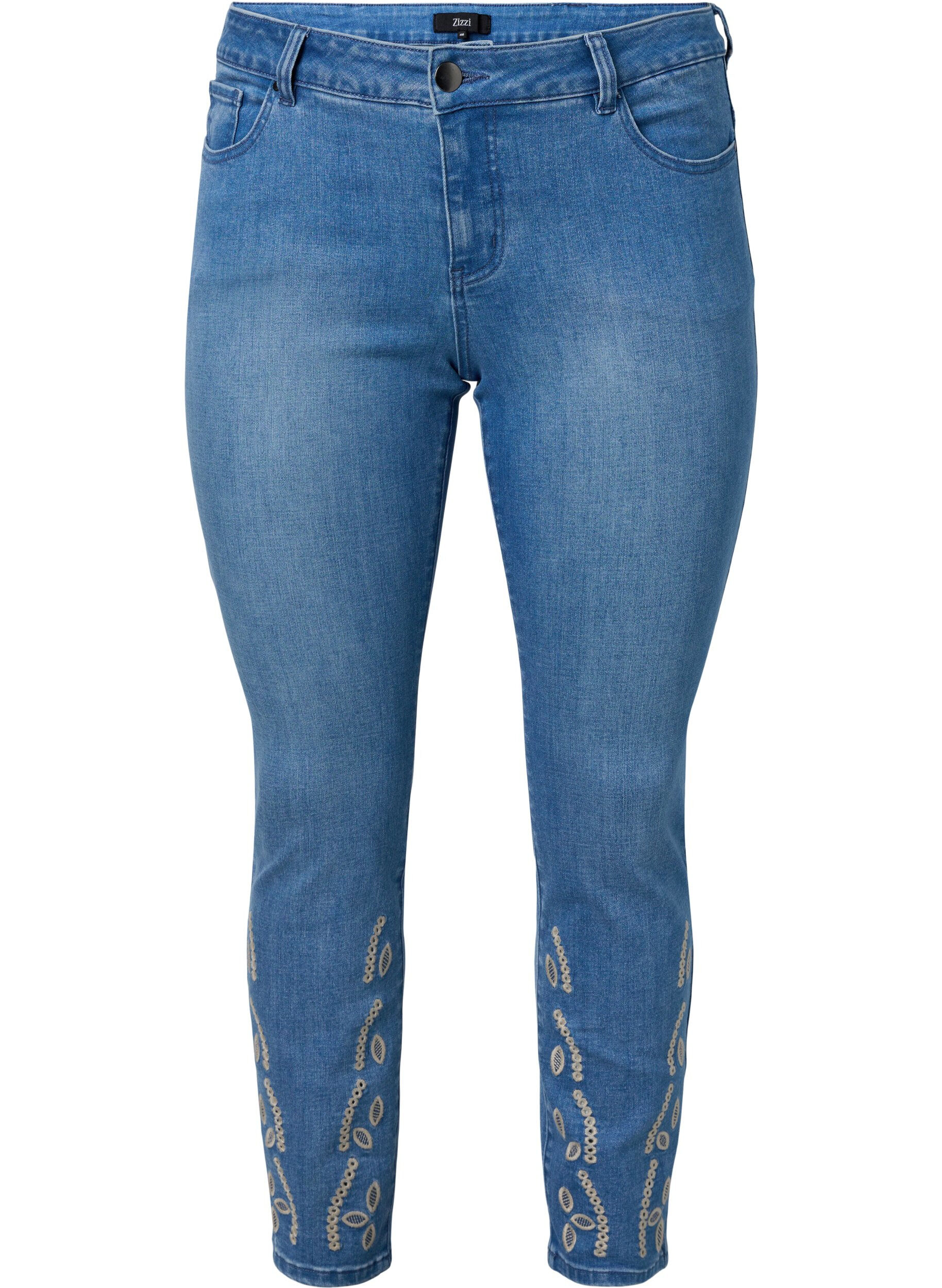 Zizzi Cropped Emily jeans met borduursel, Blue denim, Packshot image number 0