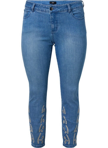 Cropped Emily jeans met borduursel, Blue denim, Packshot image number 0