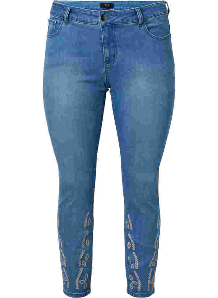 Cropped Emily jeans met borduursel, Blue denim, Packshot image number 0