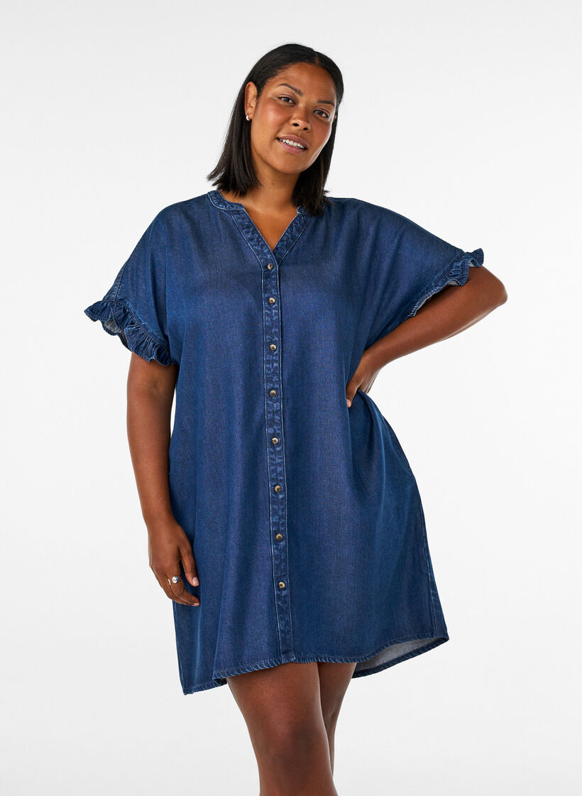 Denimlook jurk met knoopsluiting en ruches mouwtjes, Blauw, Model image number 0