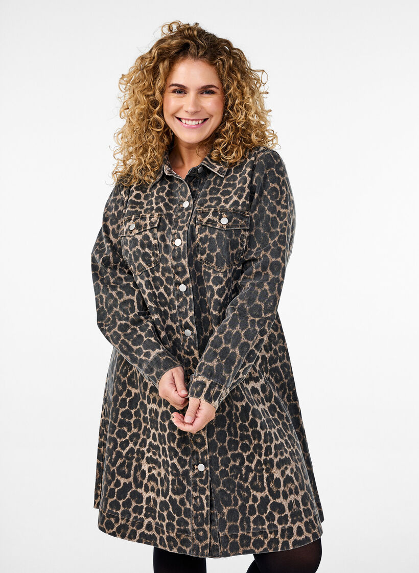 Denim jurk met lange mouwen en luipaardprint, Brown Leo AOP, Model image number 0