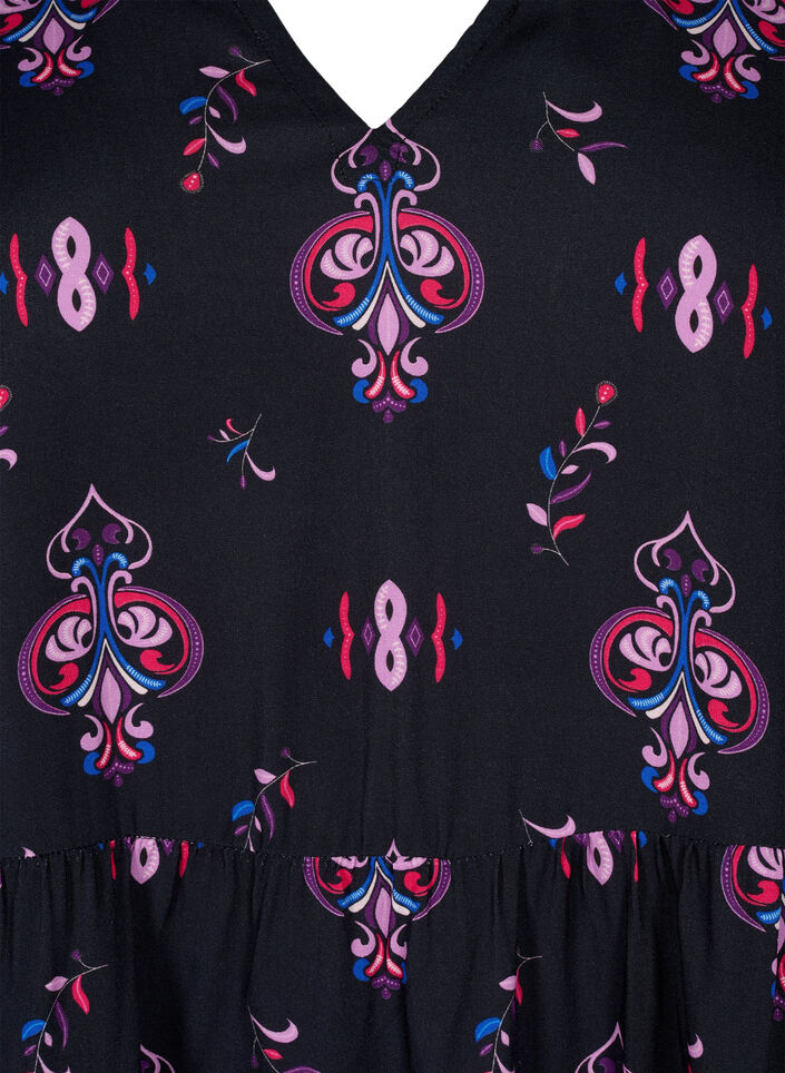 Viscose jurk met lange mouwen en print, Black Pink AOP, Packshot image number 2