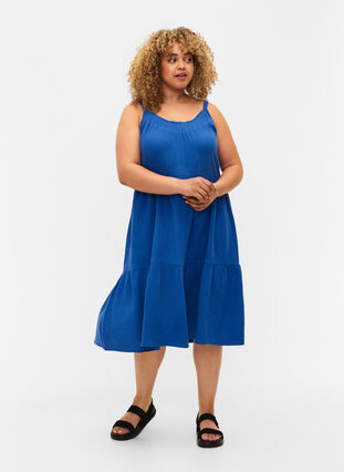 Effen katoenen strapless jurk, Victoria blue, Model image number 2