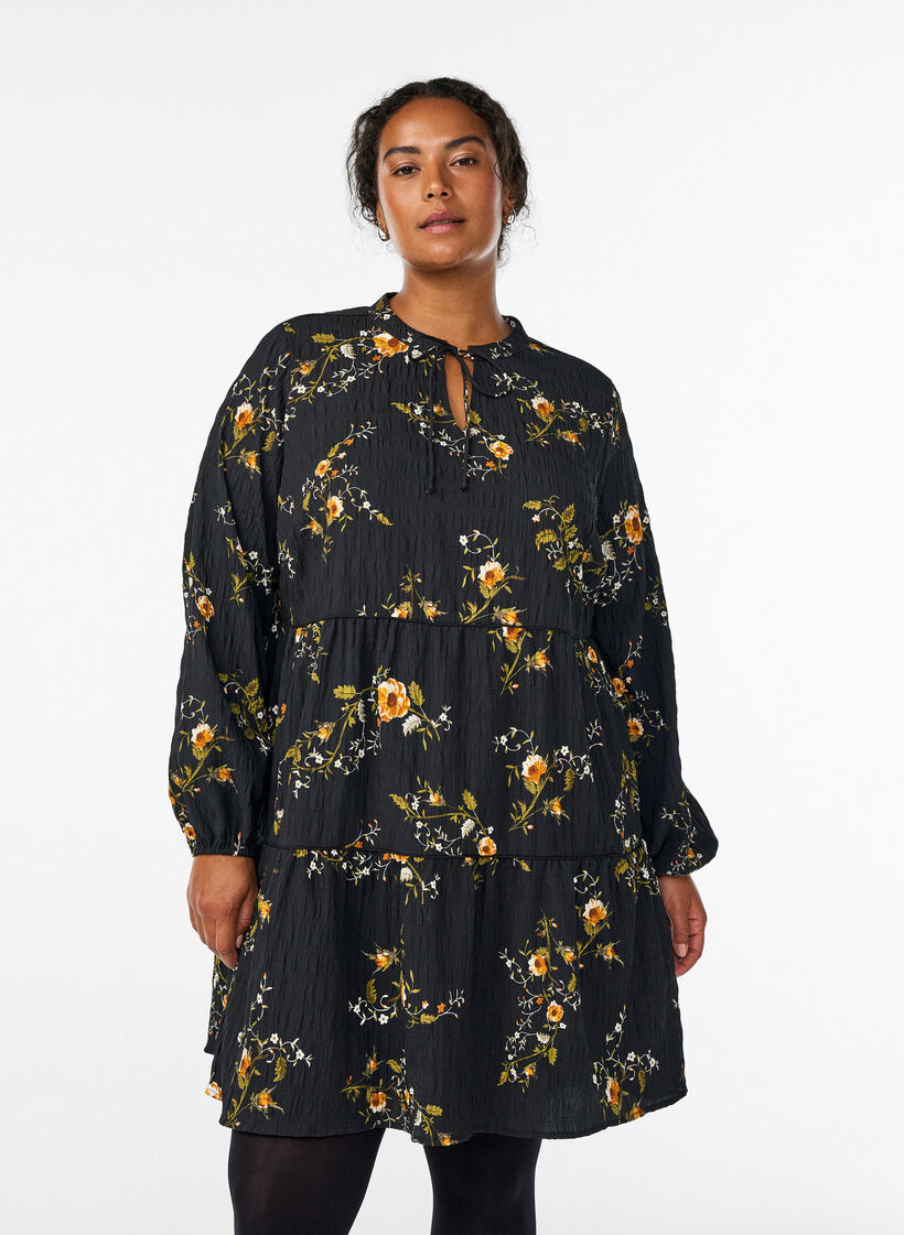 Jurk met bloemenprint en striksluiting, Zwart, Model image number 0