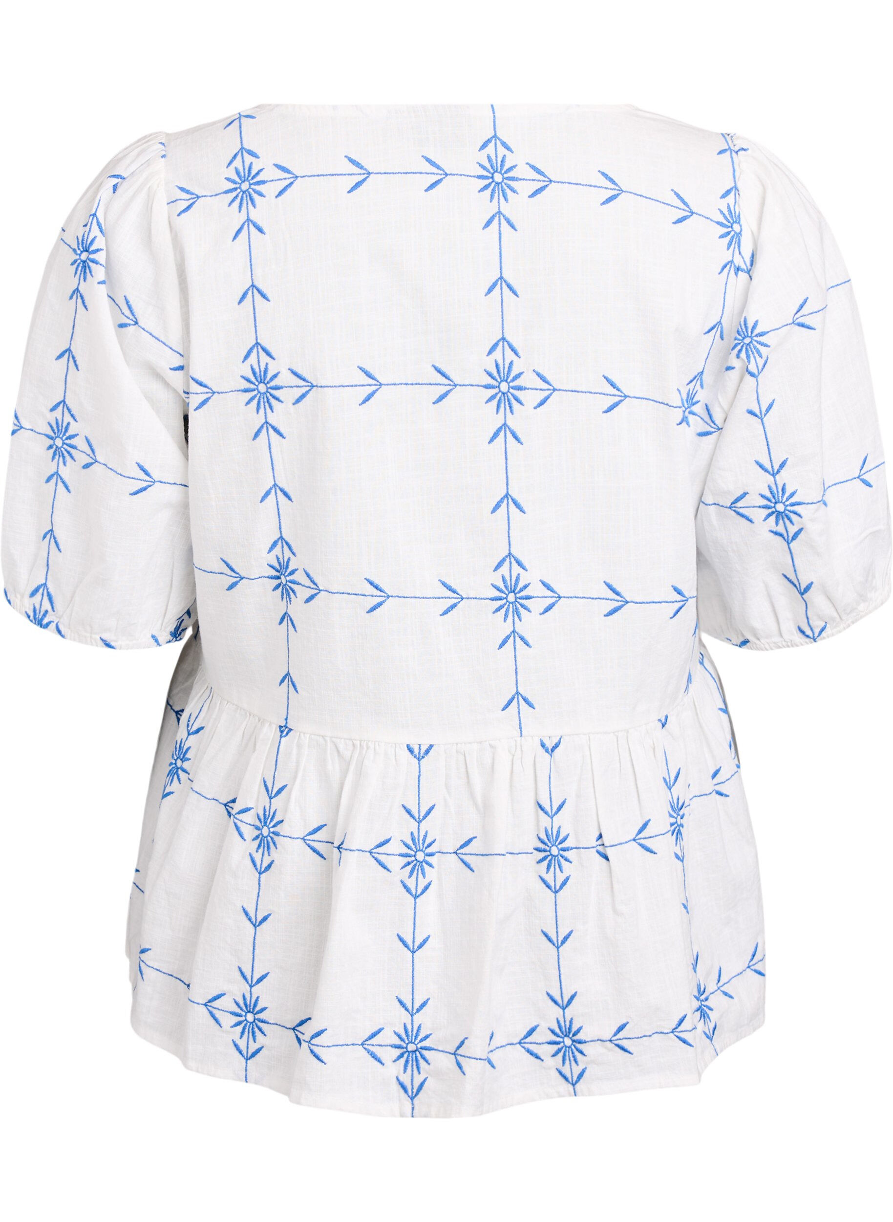 Zizzi Blouse met korte mouwen, V-hals en borduurwerk, Wit, Packshot image number 1