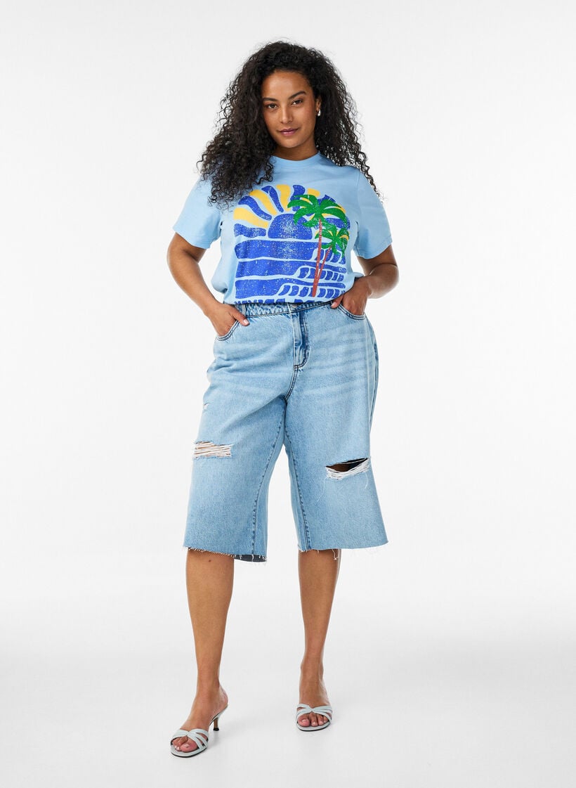 Katoenen T-shirt met print, Blauw, Model image number 1