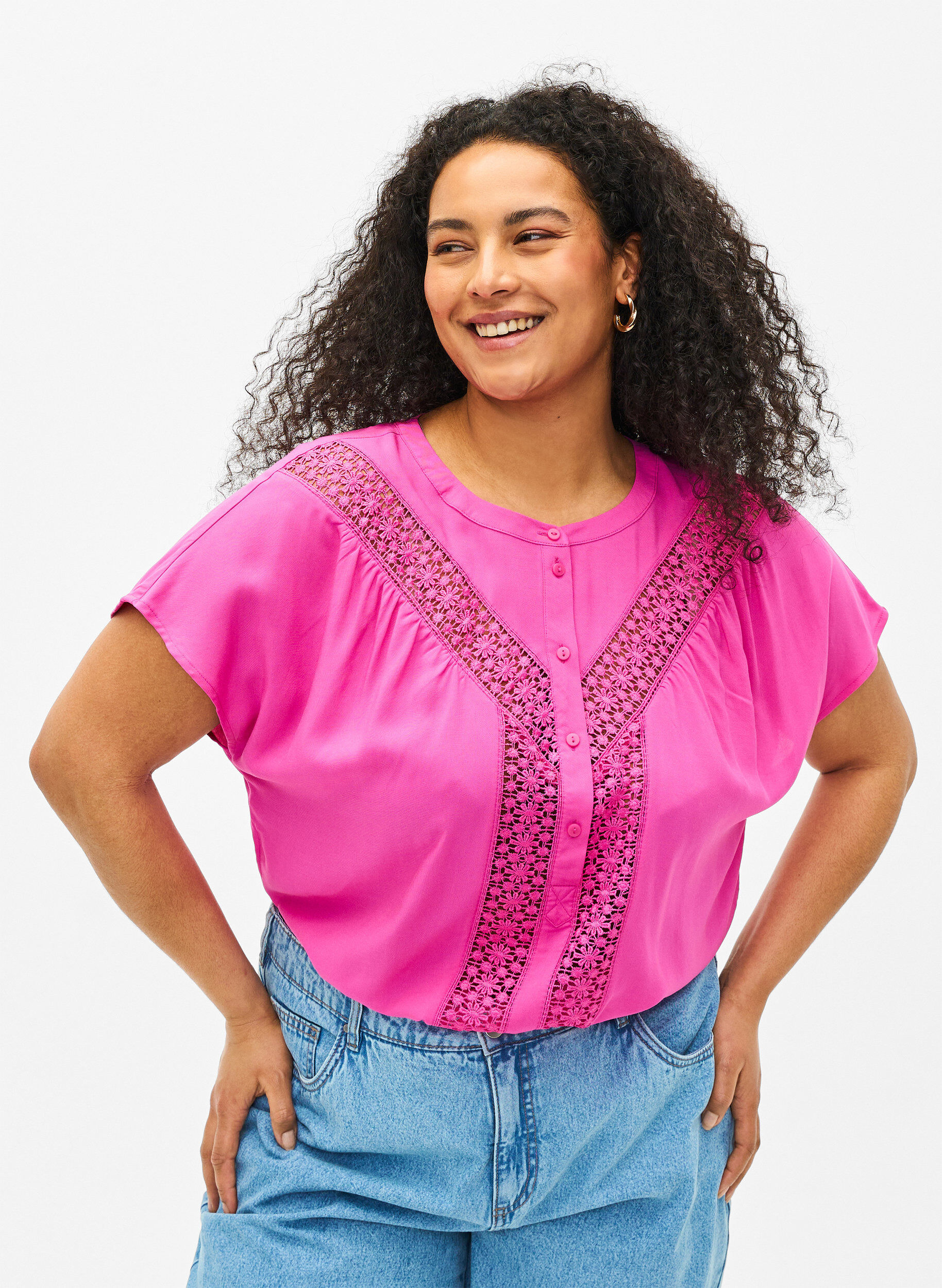 Zizzi Viscose blouse met kanten afwerking, Raspberry Rose, Model image number 0