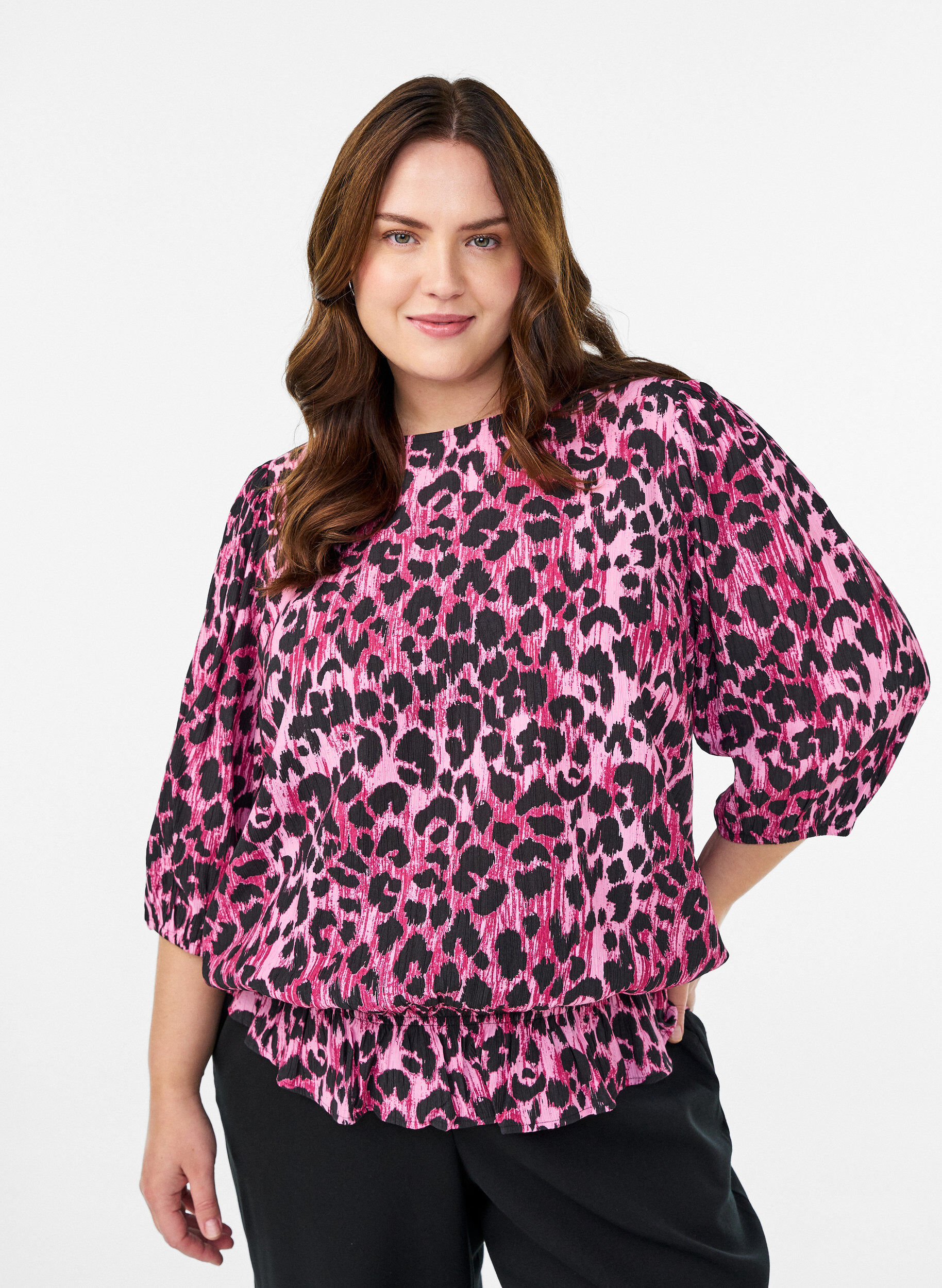 Viscose blouse met 3/4 mouwen en balloneffect, Roze, Model