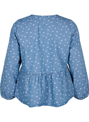 Denim peplum blouse met striksluiting, Light Blue w.Flowers, Packshot image number 1
