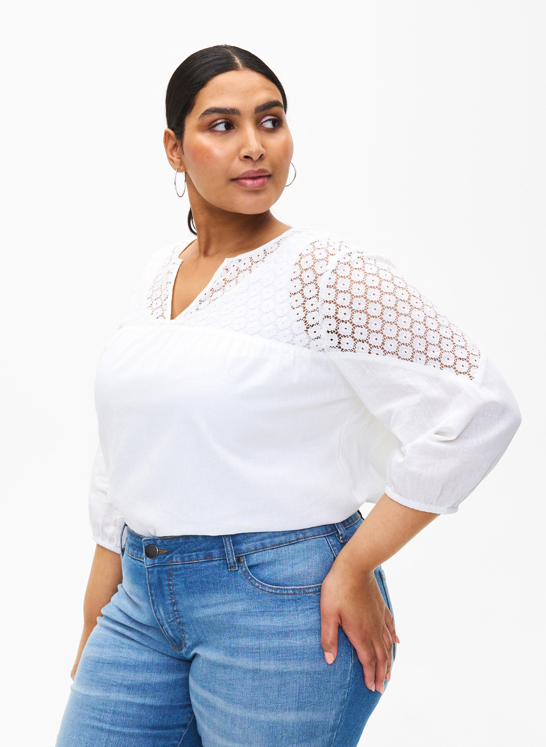 Zizzi Blouse van katoenmix met linnen en gehaakt detail, Bright White, Model image number 0
