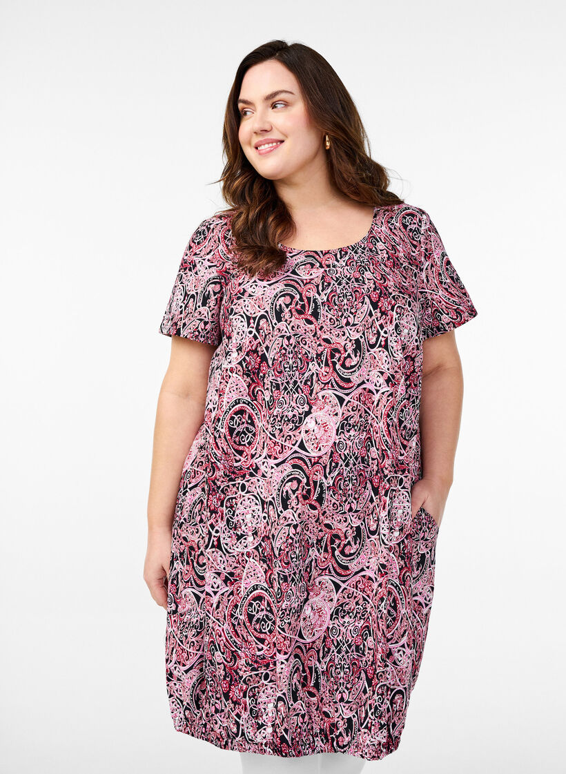 Katoenen jurk met korte mouwen en print, Zwart, Model image number 0