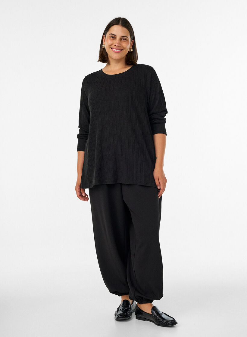 Jersey blouse met geribde structuur en lange mouwen, Zwart, Model image number 1