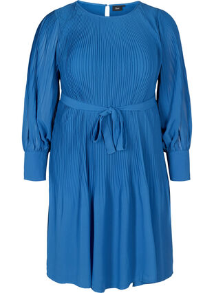 Plissé jurk met lange mouwen en striksluiting, Classic Blue , Packshot image number 0