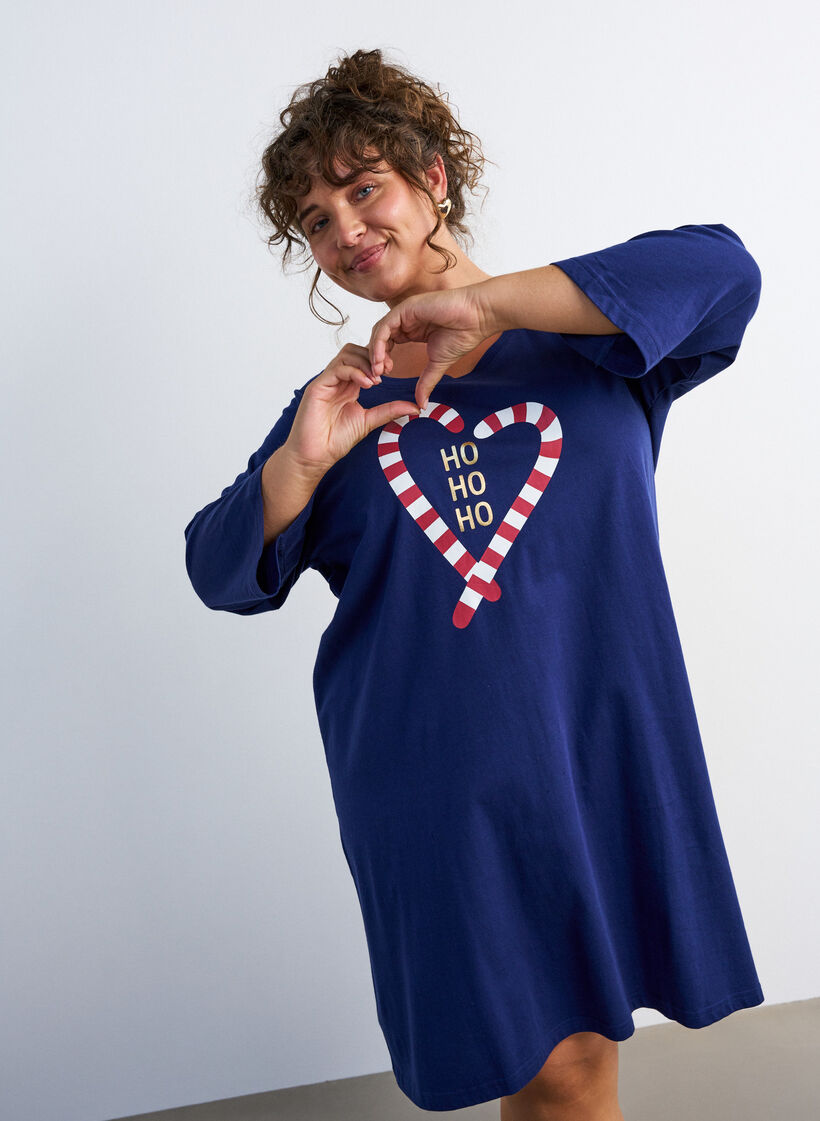 Nachthemd in biologisch katoen met kerstmotief, Blauw, Model image number 3