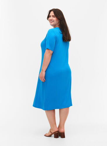 Halflange jurk met korte mouwen van viscose ribstof, Ibiza Blue, Model image number 1