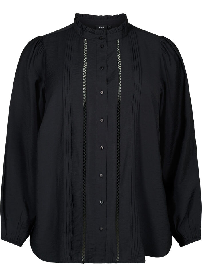 Viscose overhemdblouse met rucheskraag, Black, Packshot image number 0