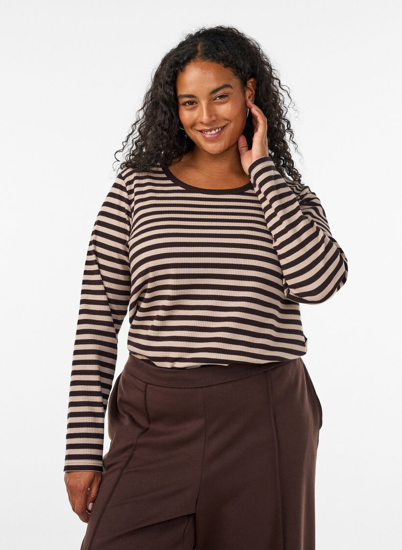 Gestreepte blouse met lange mouwen, Bruin, Model image number 0