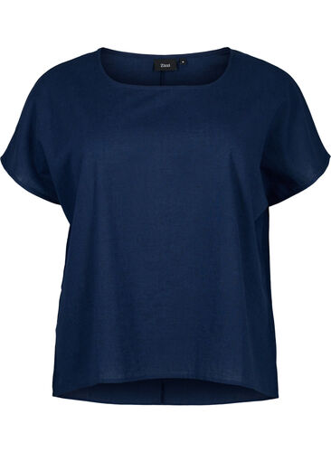 Katoenen blouse met korte mouwen van katoenmix met linnen, Navy Blazer, Packshot image number 0