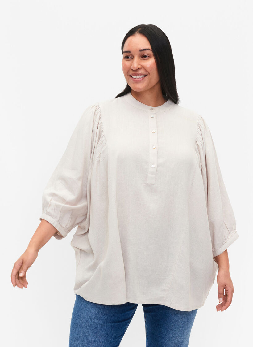 Viscose-Linen Mix Shirt Blouse met 3/4 Mouwen, Moonbeam, Model image number 0