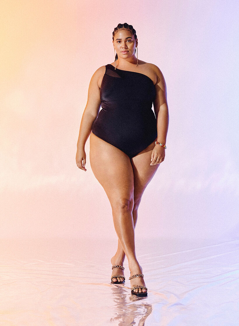 Badpak met één schouder en meshdetails, Black, Image image number 0