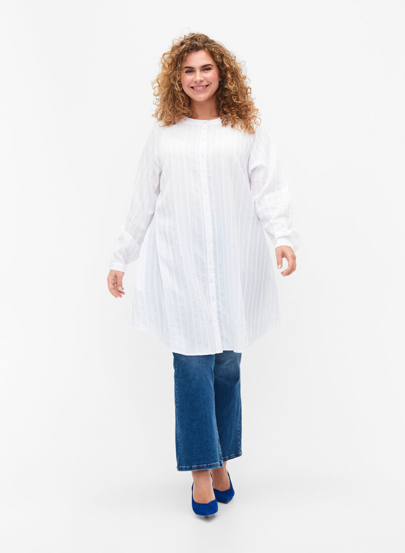 Lang viscose shirt met gestreepte structuur, Bright White, Model image number 2