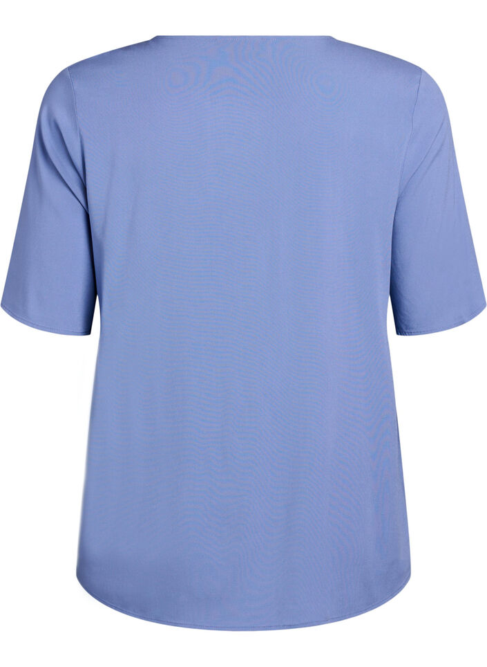 Geweven blouse met korte mouwen en ronde hals, Blauw, Packshot image number 1