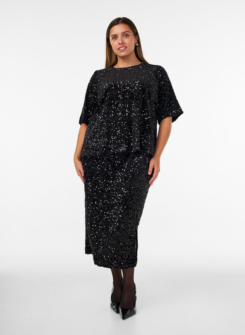 Paillettenblouse met mouwen tot de elleboog, Zwart, Model image number 1