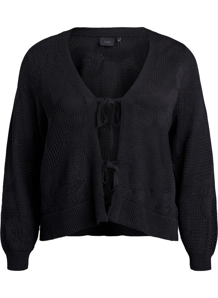 Gebreide cardigan met opengewerkt patroon en strikkoordjes, Black, Packshot image number 0