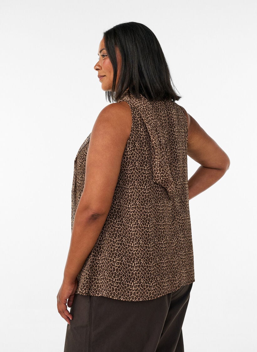 Mouwloze blouse met hoge hals en een strik, Bruin, Model image number 2