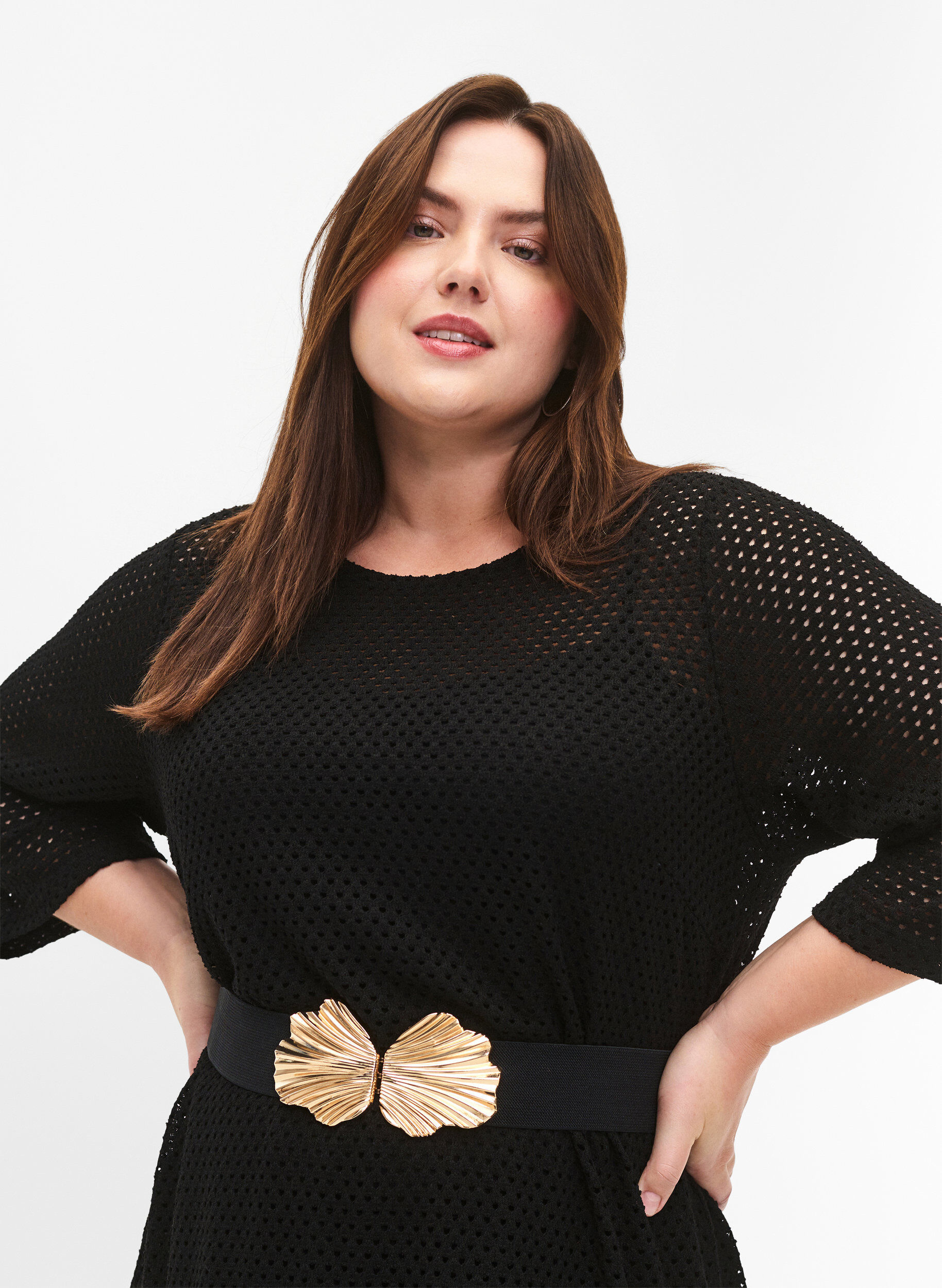 Zizzi Rekbare tailleband met goudkleurige gesp, Black, Model image number 0