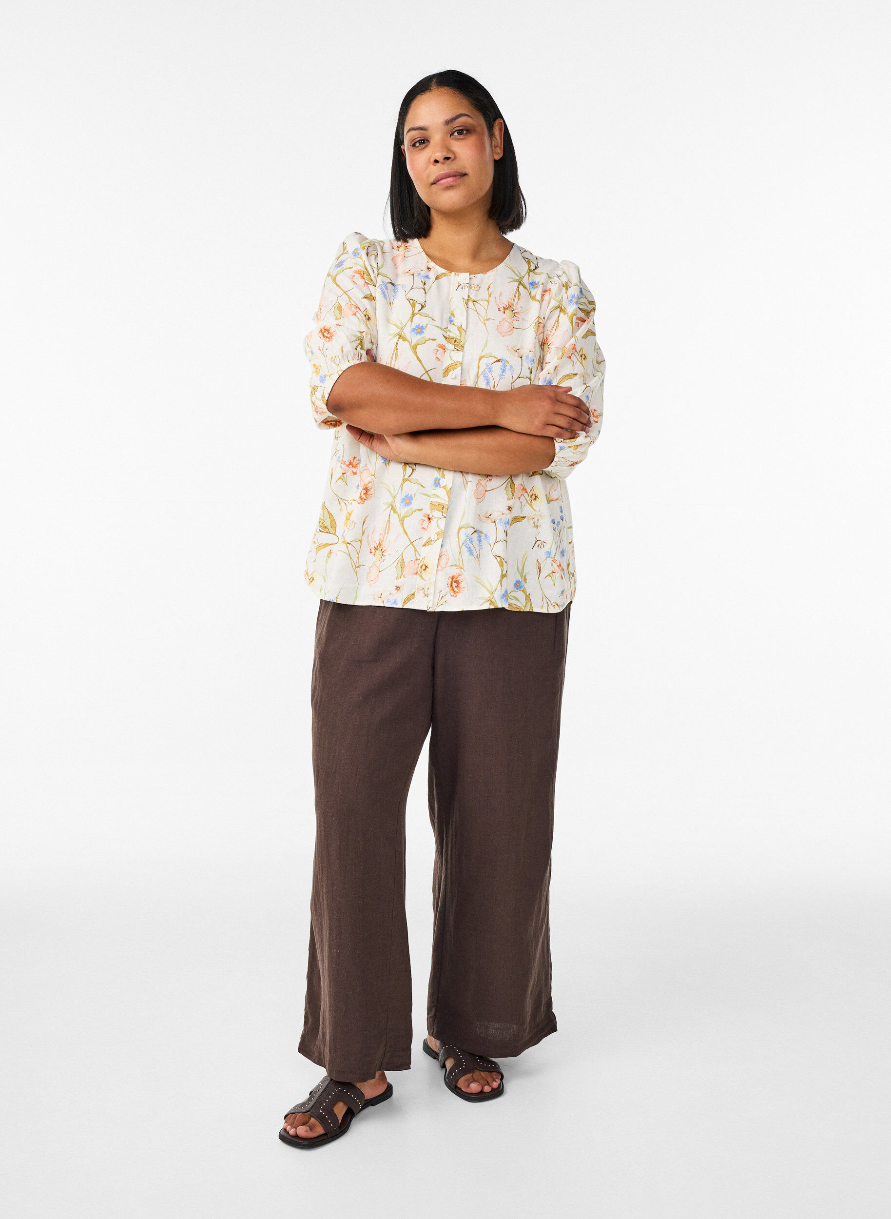 Zizzi Shirtblouse in linnen en viscose met 3/4-mouwen, Vanille, Model image number 1