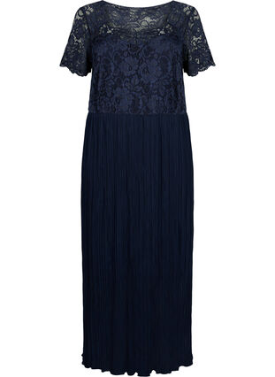 Maxi-jurk met korte mouwen, plissé en kant, Night Sky, Packshot image number 0
