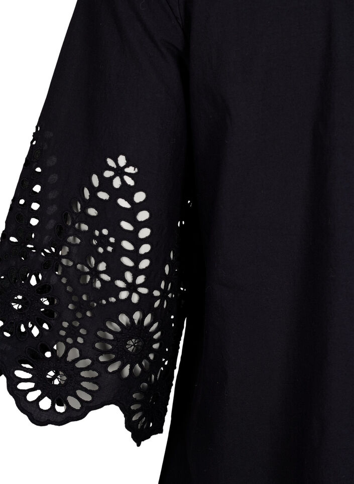 Shirt blouse met broderie anglaise en 3/4-mouwen, Black, Packshot image number 3