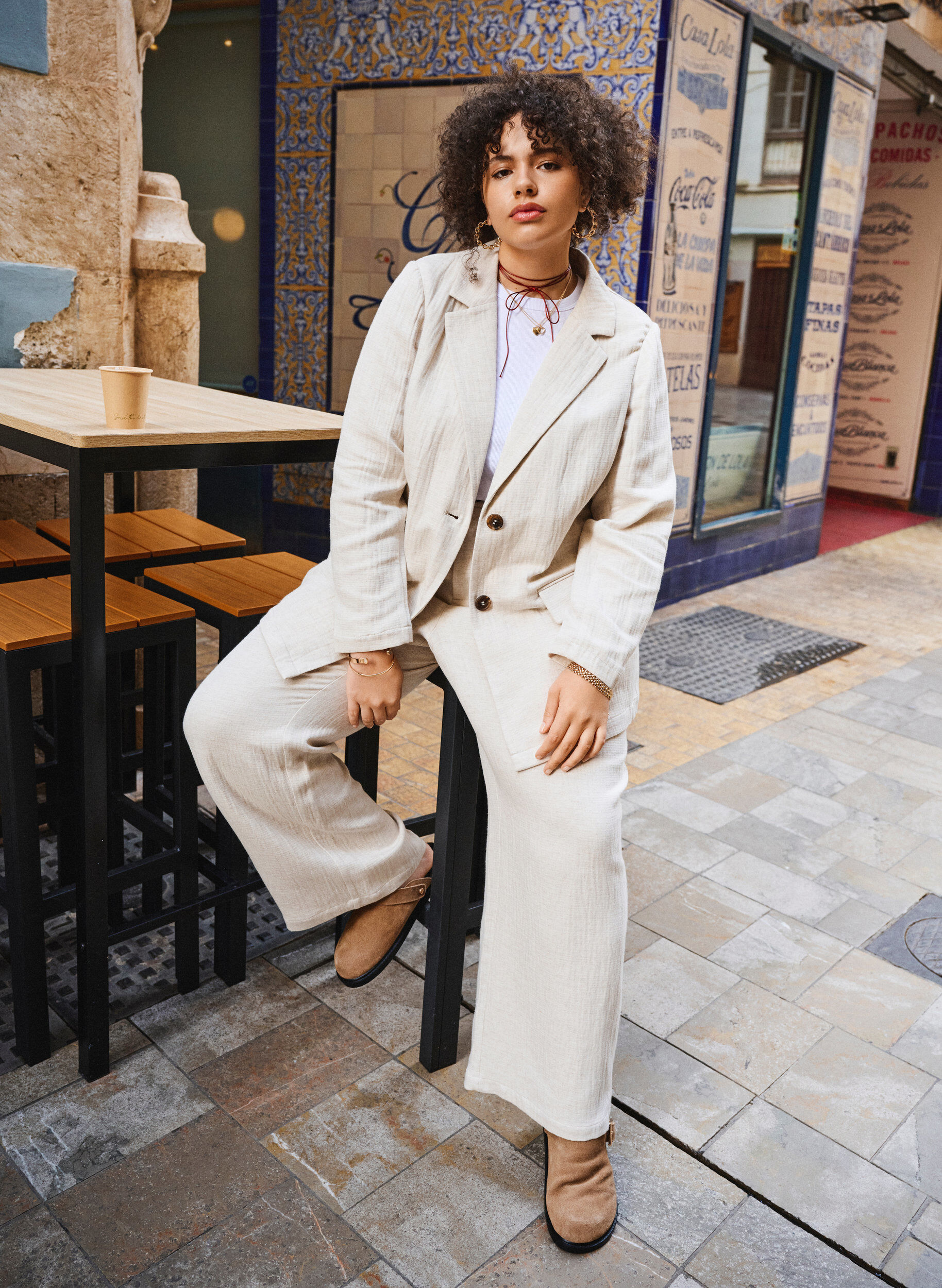 Zizzi Pantalon van een materiaalmix met linnen, Rainy Day, Image image number 0