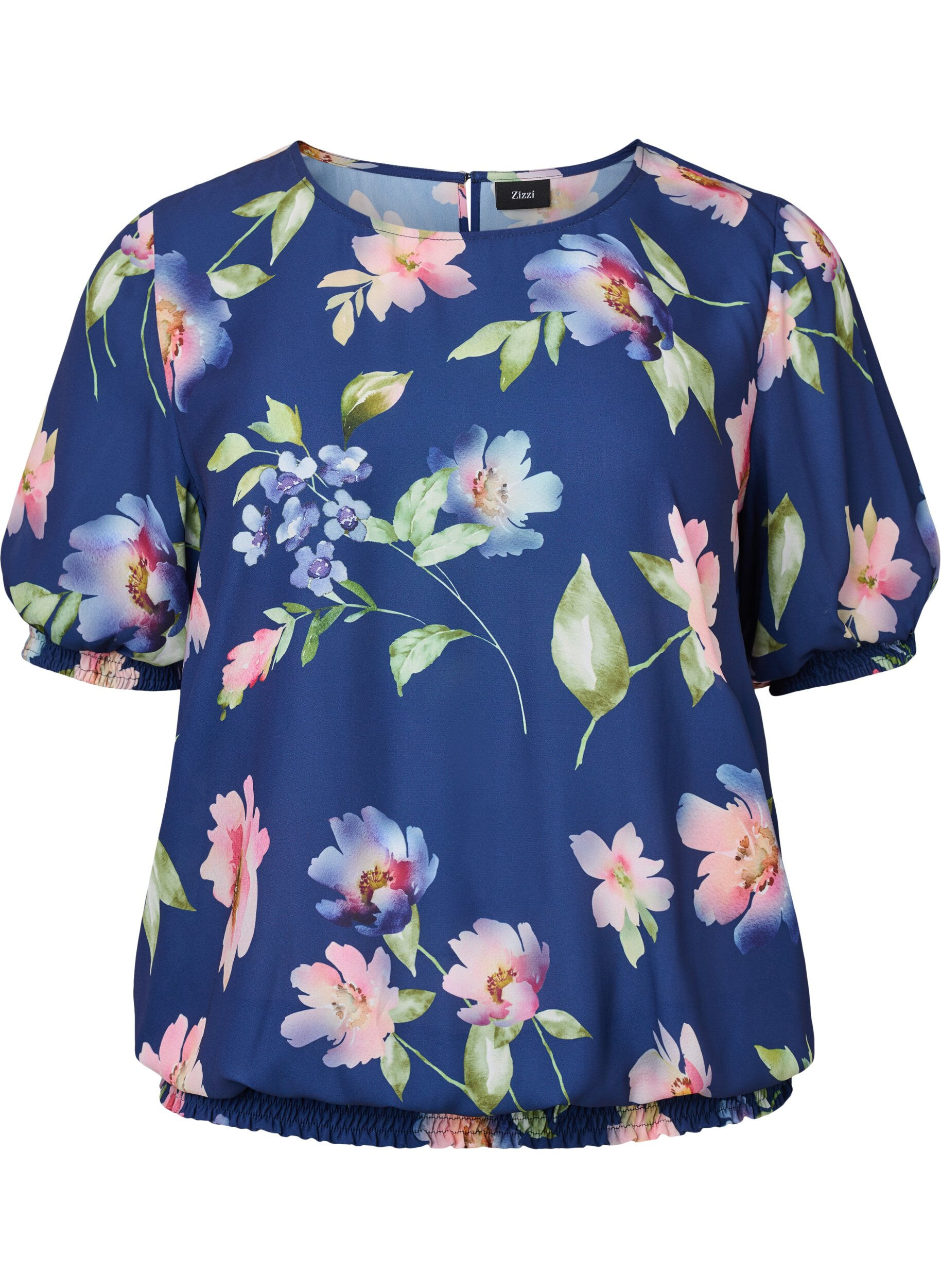 Zizzi Bloemenblouse met smock, Blueprint Flower AOP, Packshot image number 0