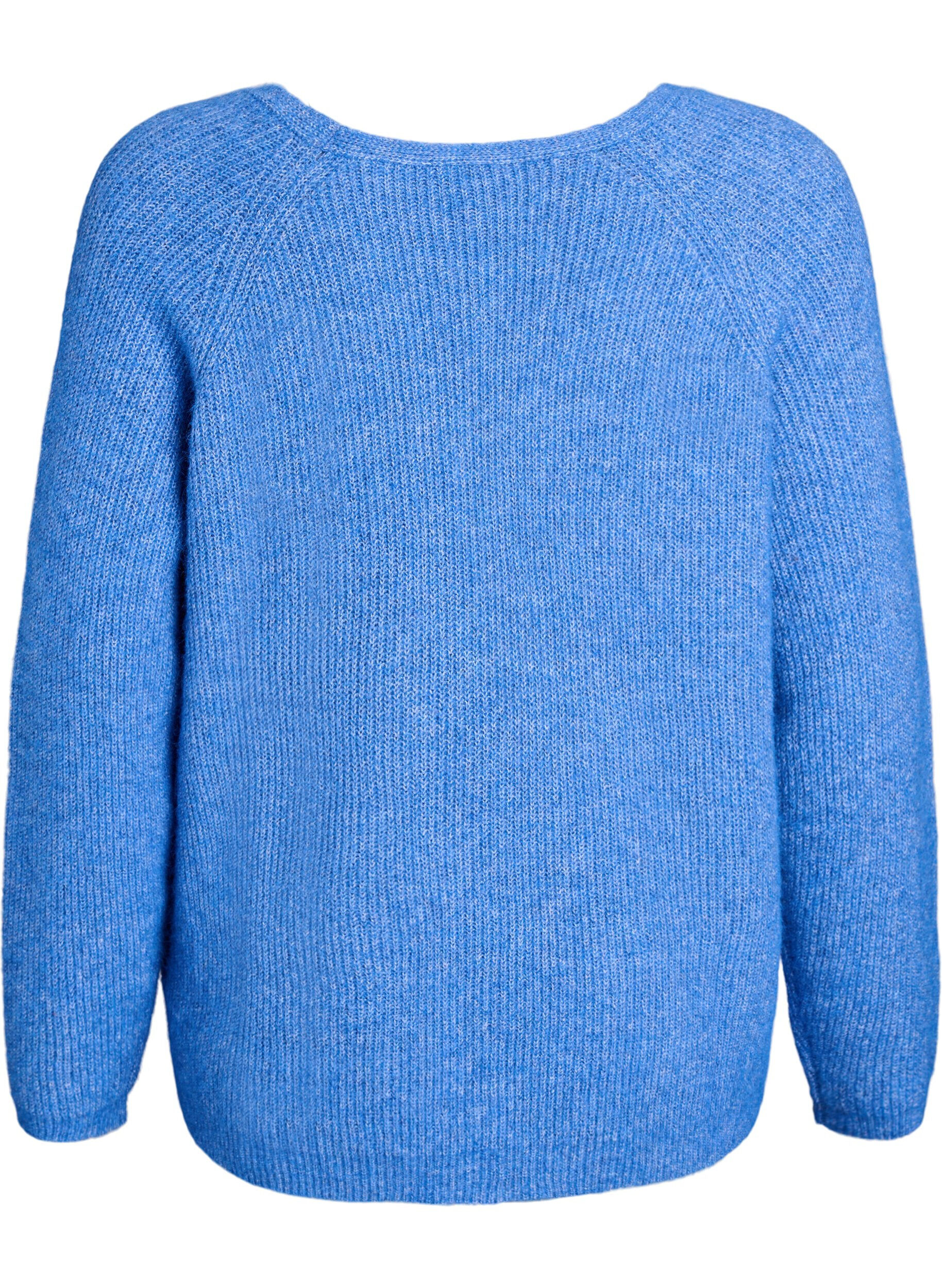 ZizziGebreide blouse met V-hals en raglanmouwen, Blauw, Packshot image number 1