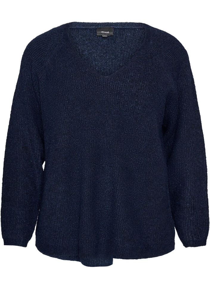 Gebreide blouse met V-hals en raglanmouwen, Blauw, Packshot image number 0