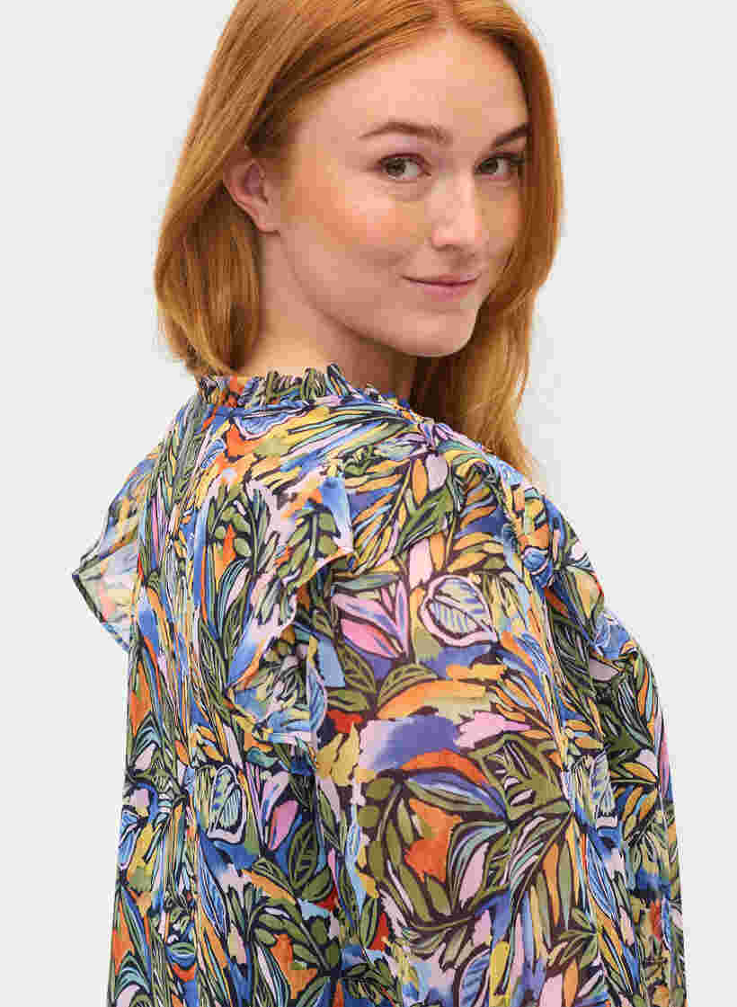 Kleurrijke midi-jurk met smock en lange mouwen, Vibrant Leaf, Model image number 2