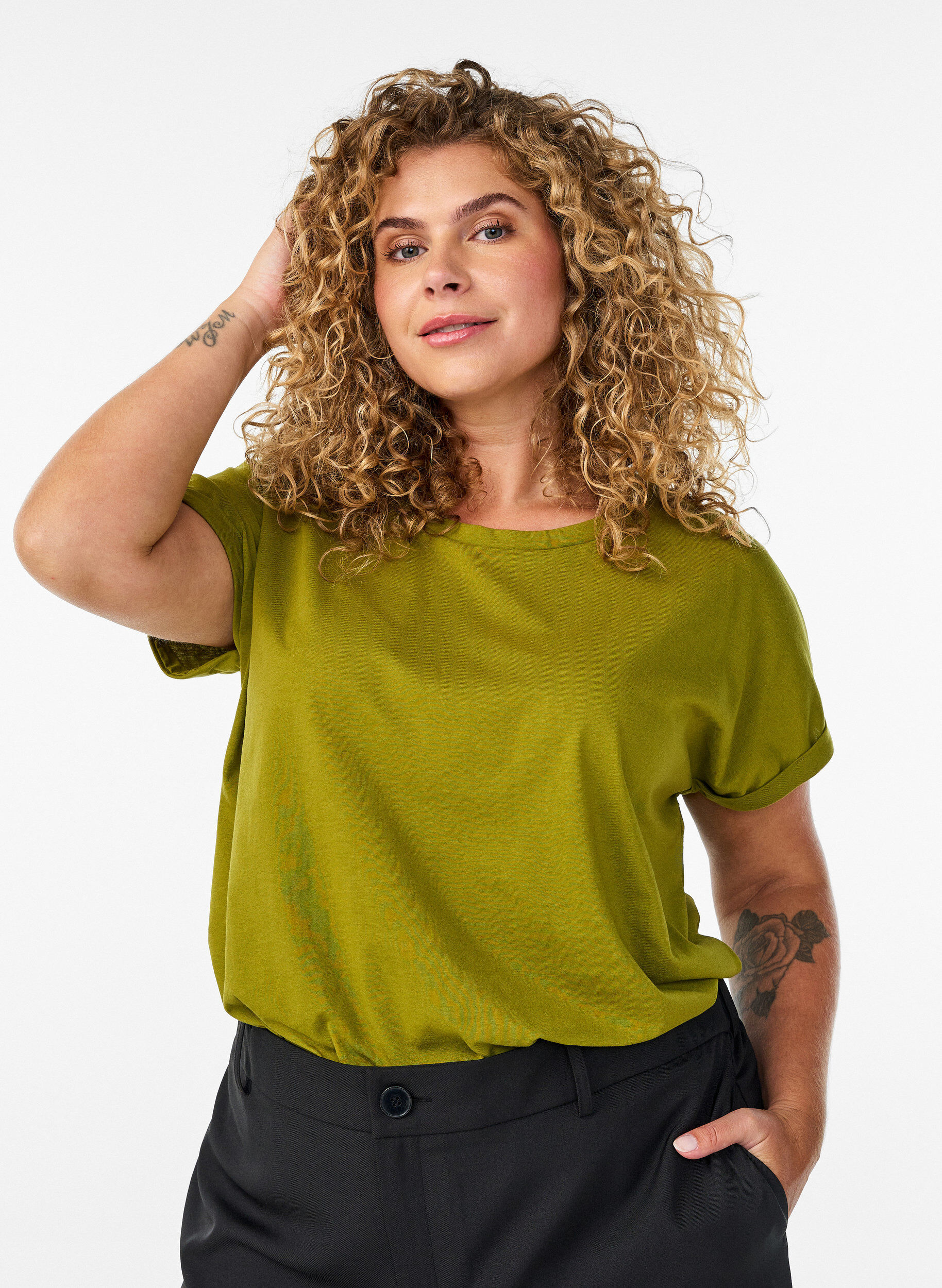 T-shirt met korte mouwen van katoenmix, Groen, Model