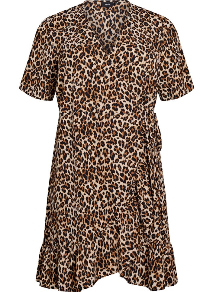 Bloemen wikkeljurk met korte mouwen, Bruin, Packshot image number 0