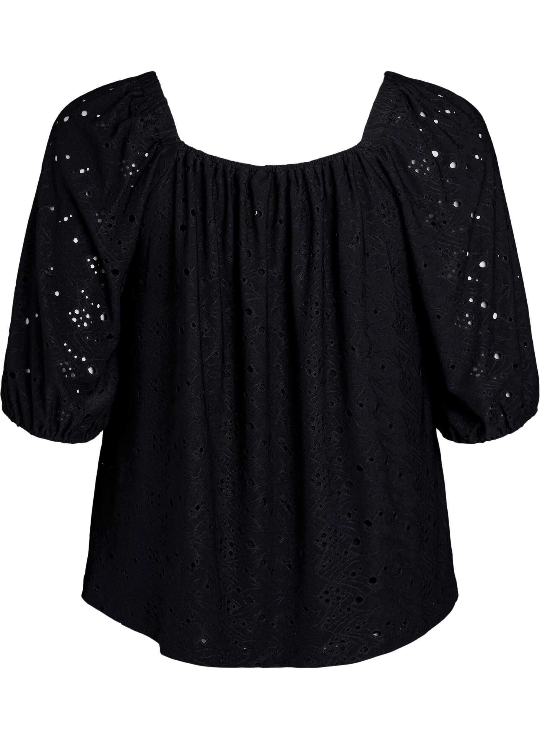 ZizziBlouse met korte pofmouwen en een opengewerkt patroon, Zwart, Packshot image number 1