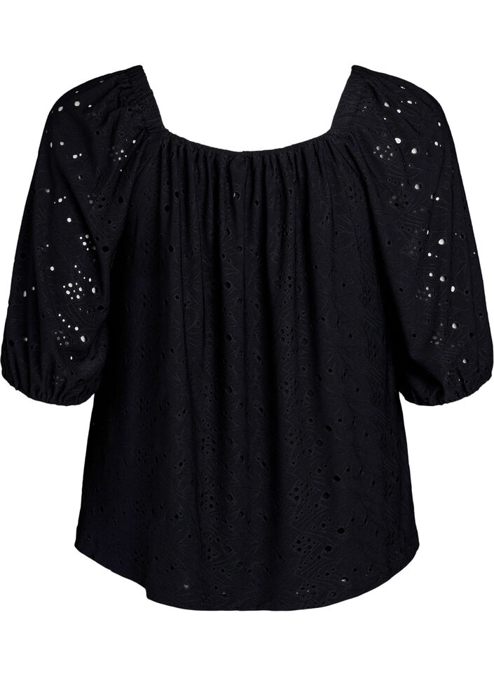 Blouse met korte pofmouwen en een opengewerkt patroon, Zwart, Packshot image number 1
