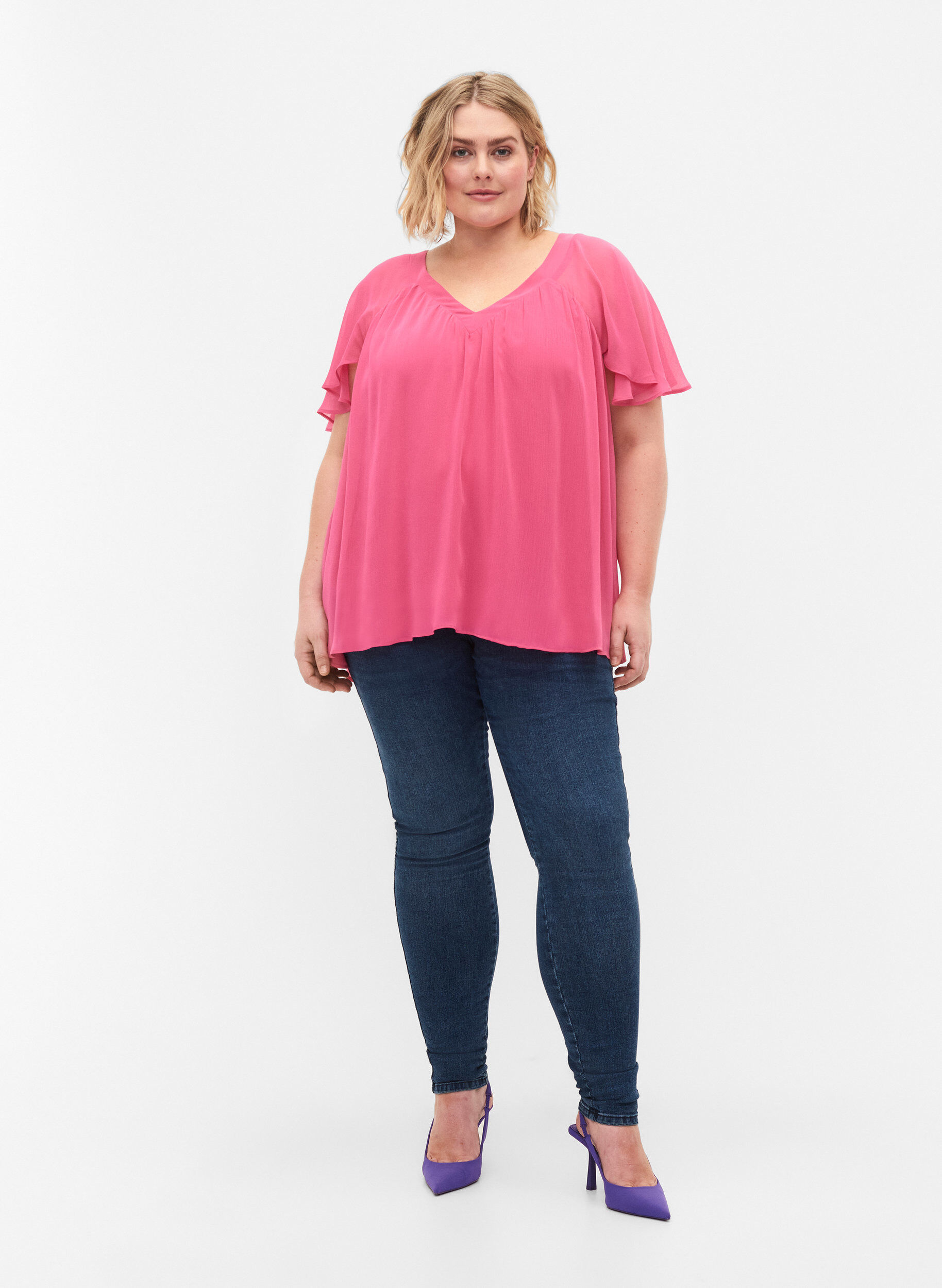 Zizzi Effen blouse met vleermuismouwen en v-hals, Shocking Pink, Model image number 2