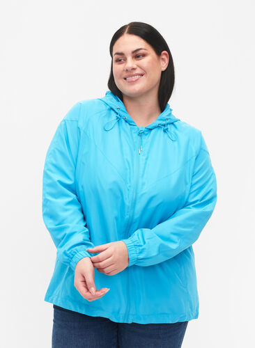 Korte jas met capuchon en verstelbare onderkant, River Blue, Model image number 0