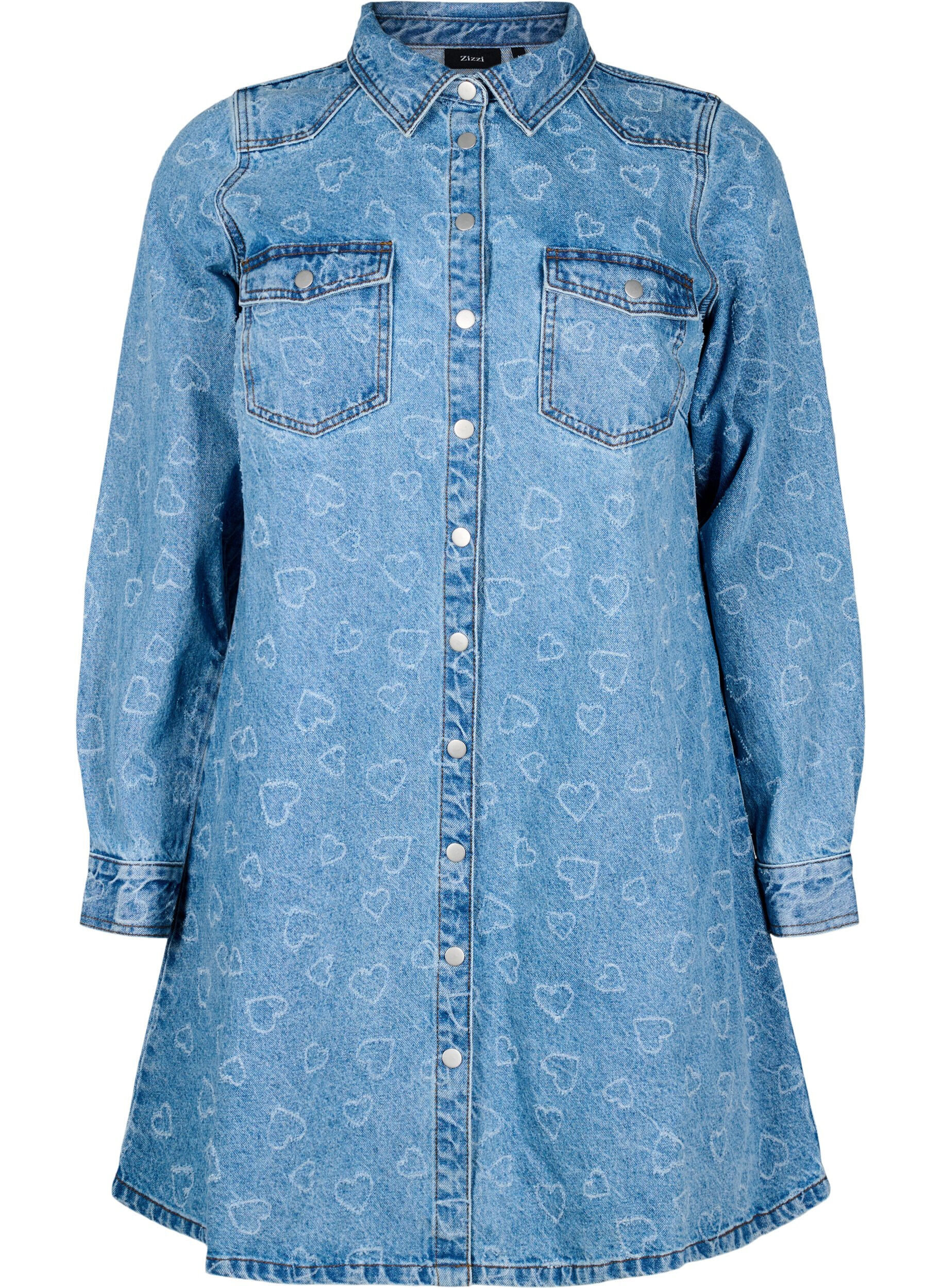 Zizzi Denim jurk met hartjespatroon, Blauw, Packshot image number 0